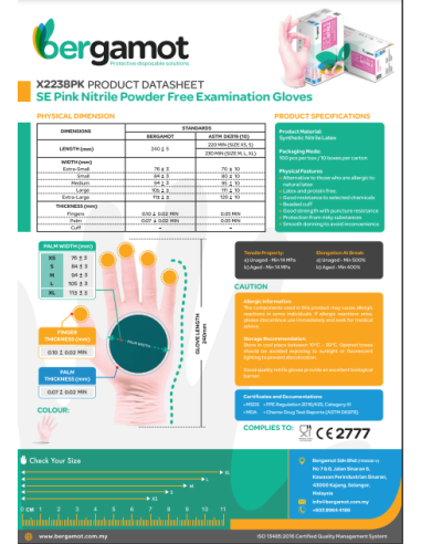 Podatkovni list za Bergamot roza nitrilne rokavice, prikazuje lastnosti in standarde