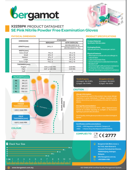 Podatkovni list za Bergamot roza nitrilne rokavice, prikazuje lastnosti in standarde