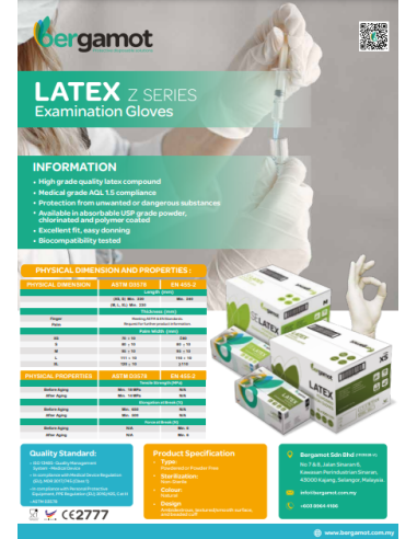 Informativni letak za lateks rokavice s podatki o kakovosti in specifikacijah