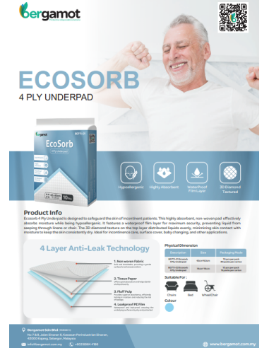 Informativni letak za Ecosorb podlogo za inkontinenco s podatki o kakovosti in specifikacijah