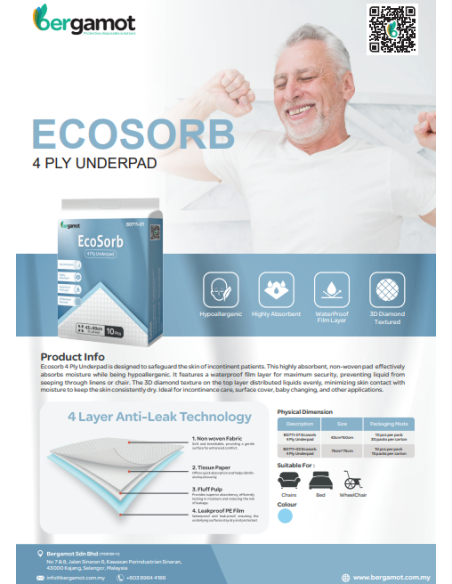 Informativni letak za Ecosorb podlogo za inkontinenco s podatki o kakovosti in specifikacijah
