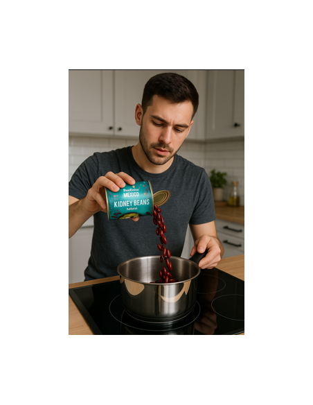 Moški pripravlja rdeči fižol Don Enrico v loncu v domači kuhinji