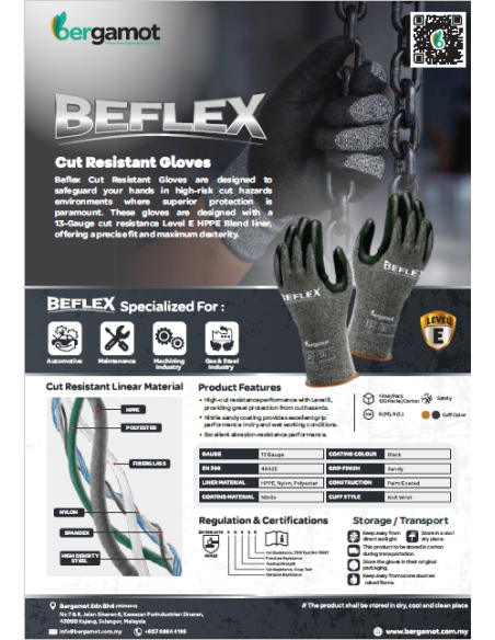 Informativni letak za zaščitne rokavice Beflex – tehnične lastnosti, materiali in standard EN 388:2016