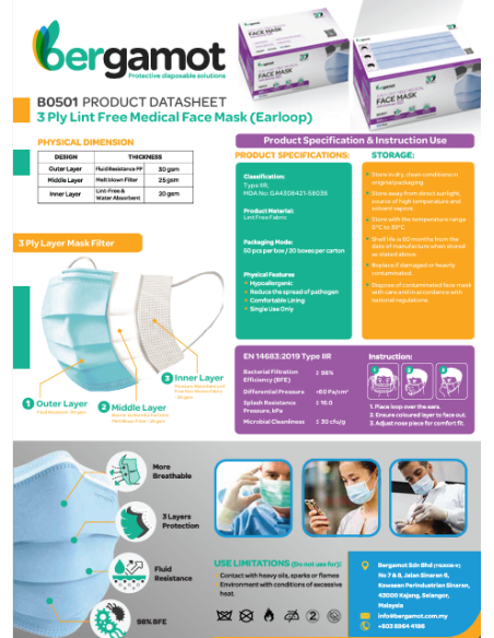 Medicinske zaščitne maske Bergamot BO501 - 50 kom