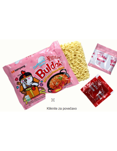 Odprt paket Samyang Buldak Carbonara z omakami, v rožnati embalaži