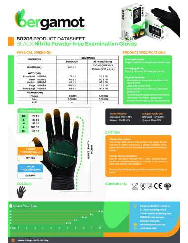 Podatkovni list za Bergamot črne nitrilne rokavice, prikazuje lastnosti in standarde