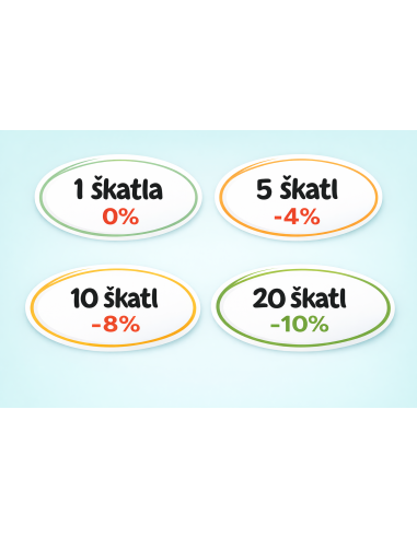 Količinski popust - 1 škatla 0%, 5 škatl -4%, 10 škatl -8%, 20 škatl -10%