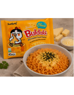 Buldak Cheese 140 g – pikantni korejski ramen rezanci s sirom v rumeni embalaži. 2