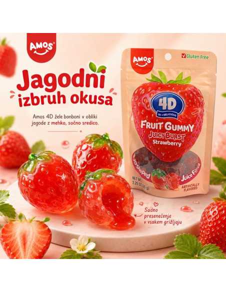 Prikaz Amos 4D jagodnih žele bonbonov v obliki jagode z mehko, sočno sredico.
