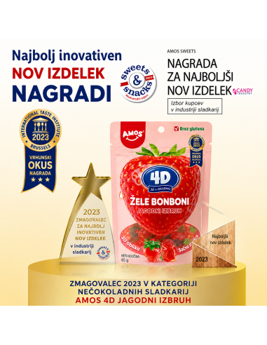 Promocijska slika za Amos 4D Jagodni izbruh, nagrajen v kategoriji nečokoladnih sladkarij 2023.