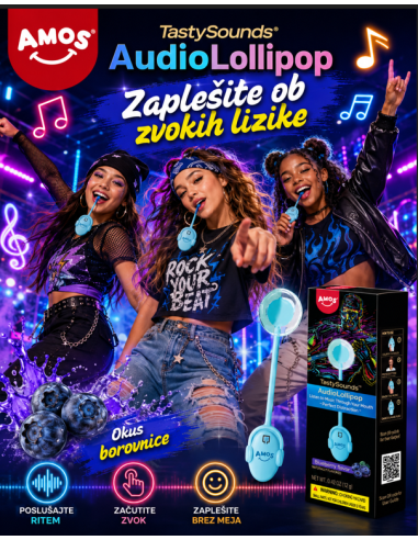 Lizika z okusom borovnice z glasbo, Amos - rock glasba, 16 g
