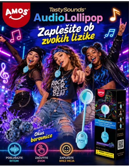 Lizika z okusom borovnice z glasbo, Amos - rock glasba, 16 g